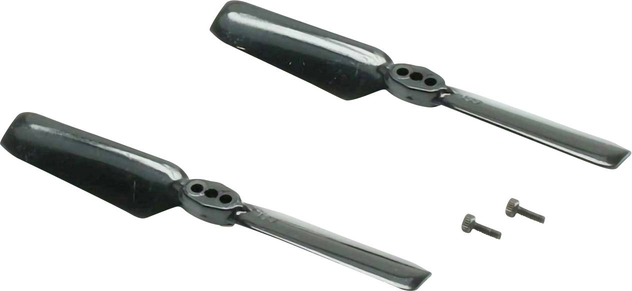 Two black helicopter blades and two small screws, likely part of an assembly kit, displayed on a white background.