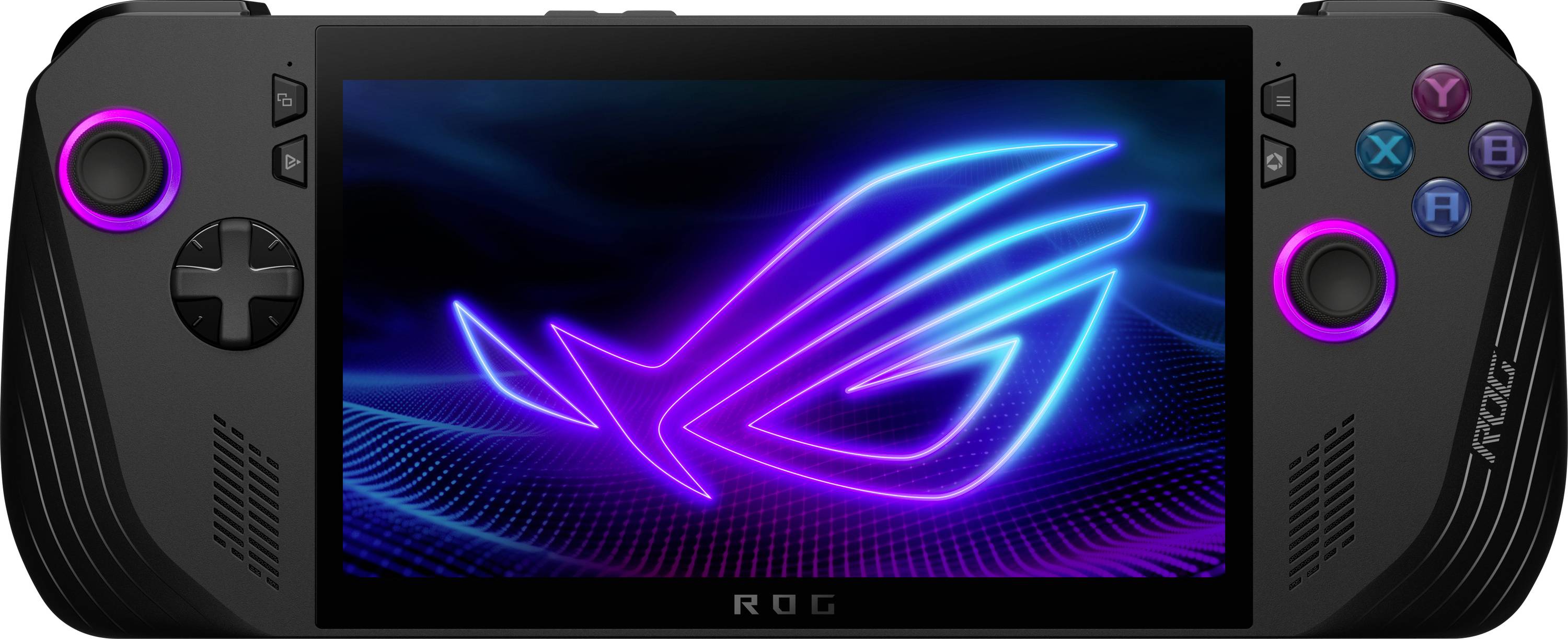 Handheld gaming console with a neon blue and pink logo on the screen. It features directional and action buttons on the sides.