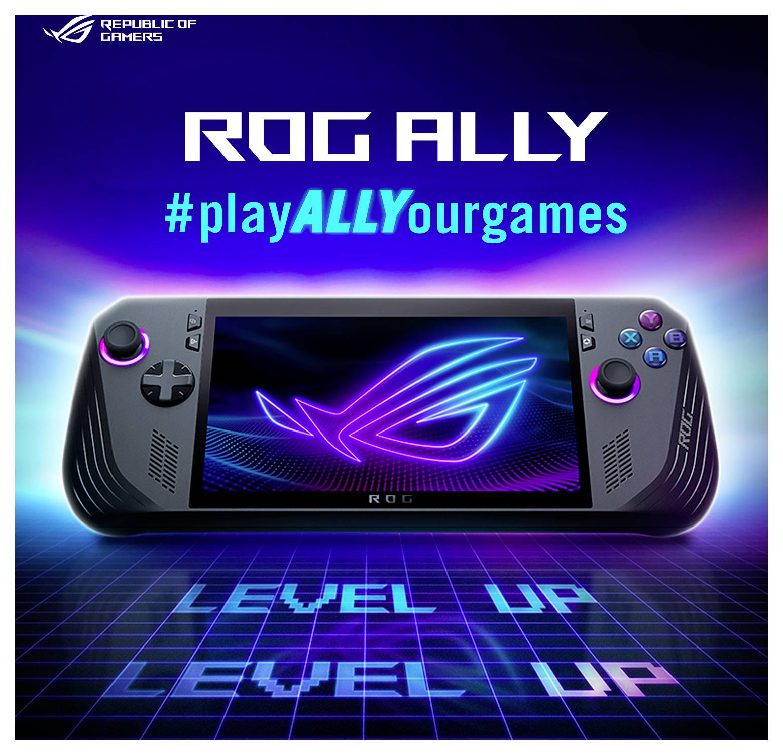 Handheld gaming console with screen displaying a glowing logo, surrounded by the text 'ROG ALLY' and '#playALLYourgames'.