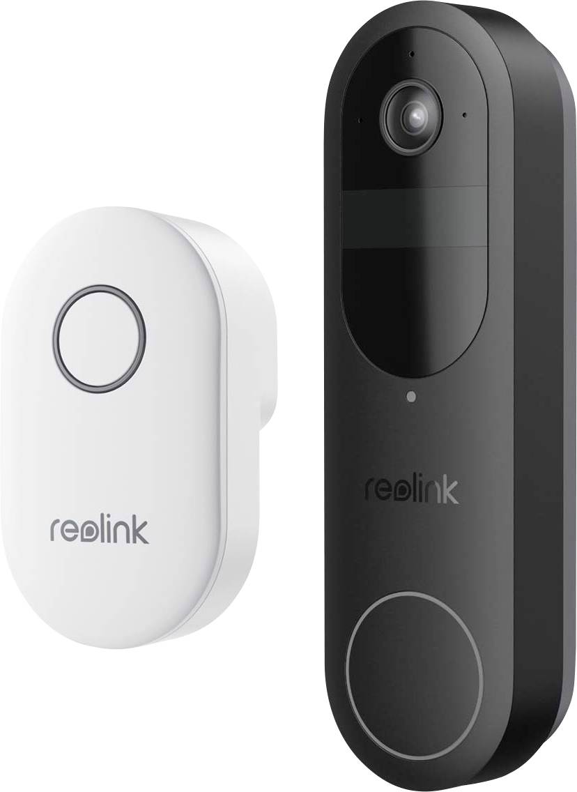 Black and white Reolink doorbells with buttons, lenses, and brand logos; designed for home security monitoring.