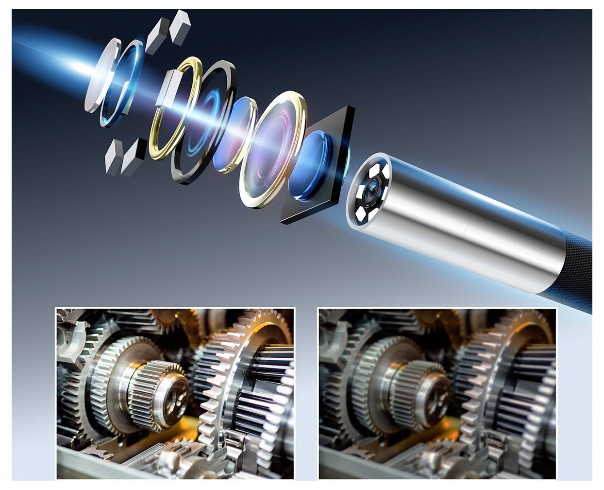 Exploded view of a camera lens assembly illustrating various lens components. Below, two images show detailed mechanical gears.