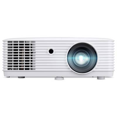 A white projector emits a beam of light from its lens, positioned for front-facing use with cooling vents visible on the left side.