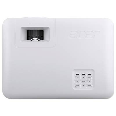 'Acer Vero' projector in white with top controls including power and menu buttons, and lens adjustment knob.