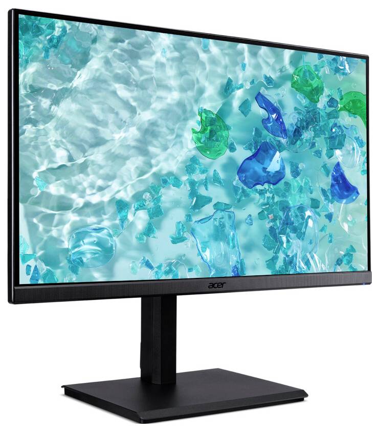 A computer monitor displaying a screen saver with a bright, abstract image resembling colorful, translucent, floating shapes on a blue background.