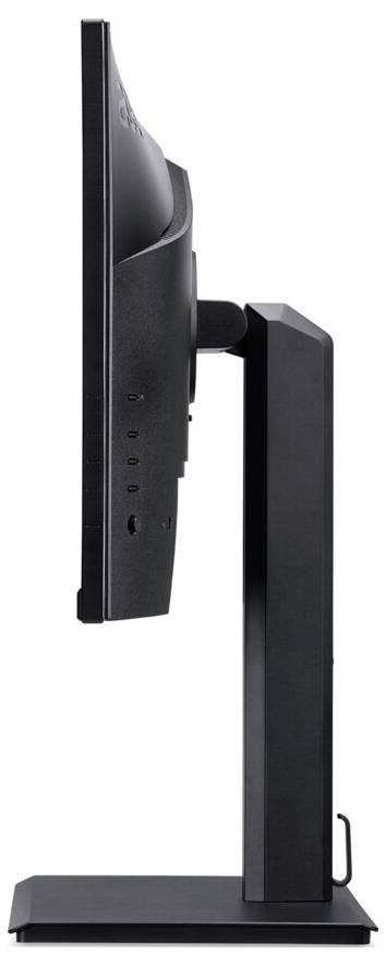 A side view of a black computer monitor on a stand, showing its slim profile and vertical adjustment capability.