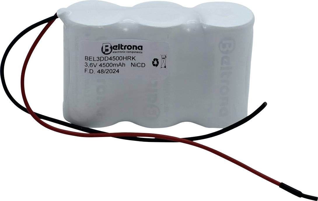 A white battery pack with three cells, labeled 'Beltrona 3.6V 4500mAh NiCD', featuring red and black connector wires.
