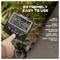 'Metal detector with screen showing number 165. Labels point to features: depth indicator, target group filters, hunting shortcuts, target identification, sensitivity control. Text: Extremely easy to use.'