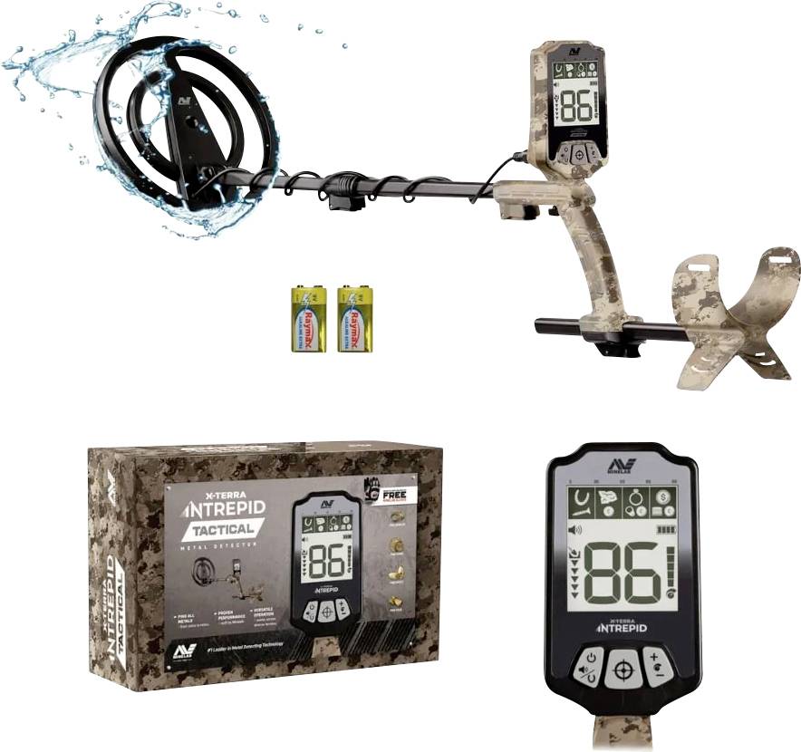 Metal detector with camouflage design, digital display shows '86'. Includes a control panel, two AA batteries, and branded packaging.