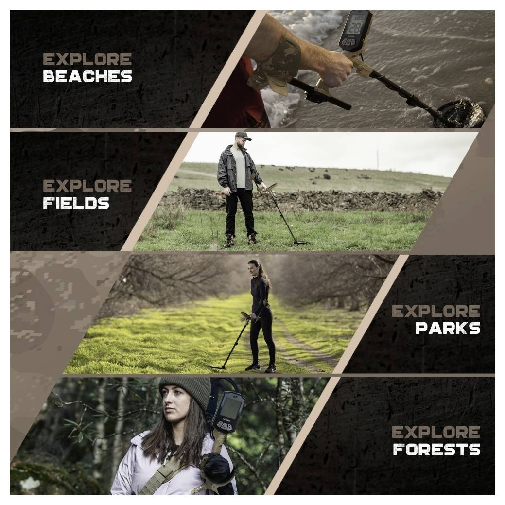 Image collage of four people using metal detectors in different settings: beaches, fields, parks, and forests, with 'Explore' text labels.