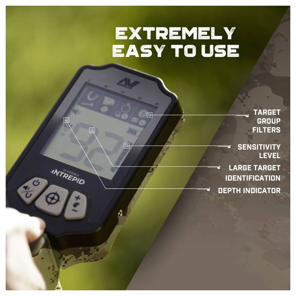 'Device screen with interface; features include target group filters, sensitivity level, large target identification, and depth indicator.'