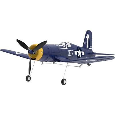 A model of a vintage dark blue military aircraft with a yellow nose and star insignia, labeled '167', showing propeller and landing gear.