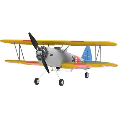 A vintage biplane with yellow wings, gray body, and blue tail, marked '363' on the side, viewed from the front-left angle.