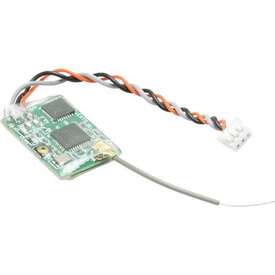 A small electronic circuit board with black, red, and orange wires connected to a white connector, likely a radio control receiver.