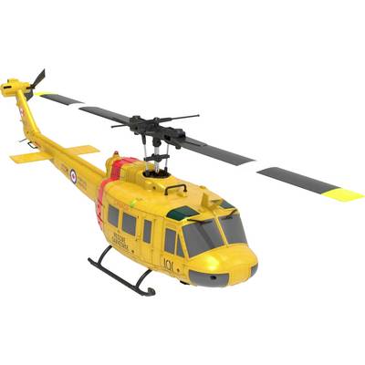 A yellow rescue helicopter with a distinct rotor design, marked with 'Rescue' and emblems, viewed from the side on a white background.