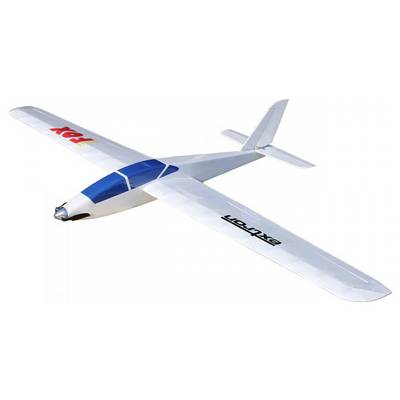 A white and blue model glider with the words 'FOX' and 'EXTRA' on its wings, designed for remote control flight.