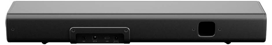 A rectangular black soundbar viewed from the back, showing input and power ports, with a small rectangular cutout on the right side.