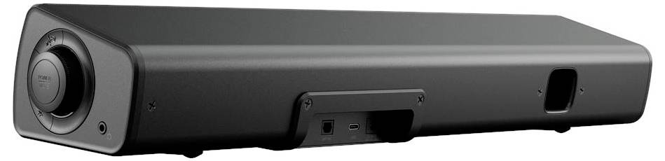 A black soundbar with a control dial on the left side, featuring a minimalist design suitable for home audio setups.