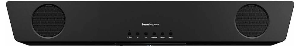 A black soundbar with two round speakers, front control buttons, and a central brand logo.