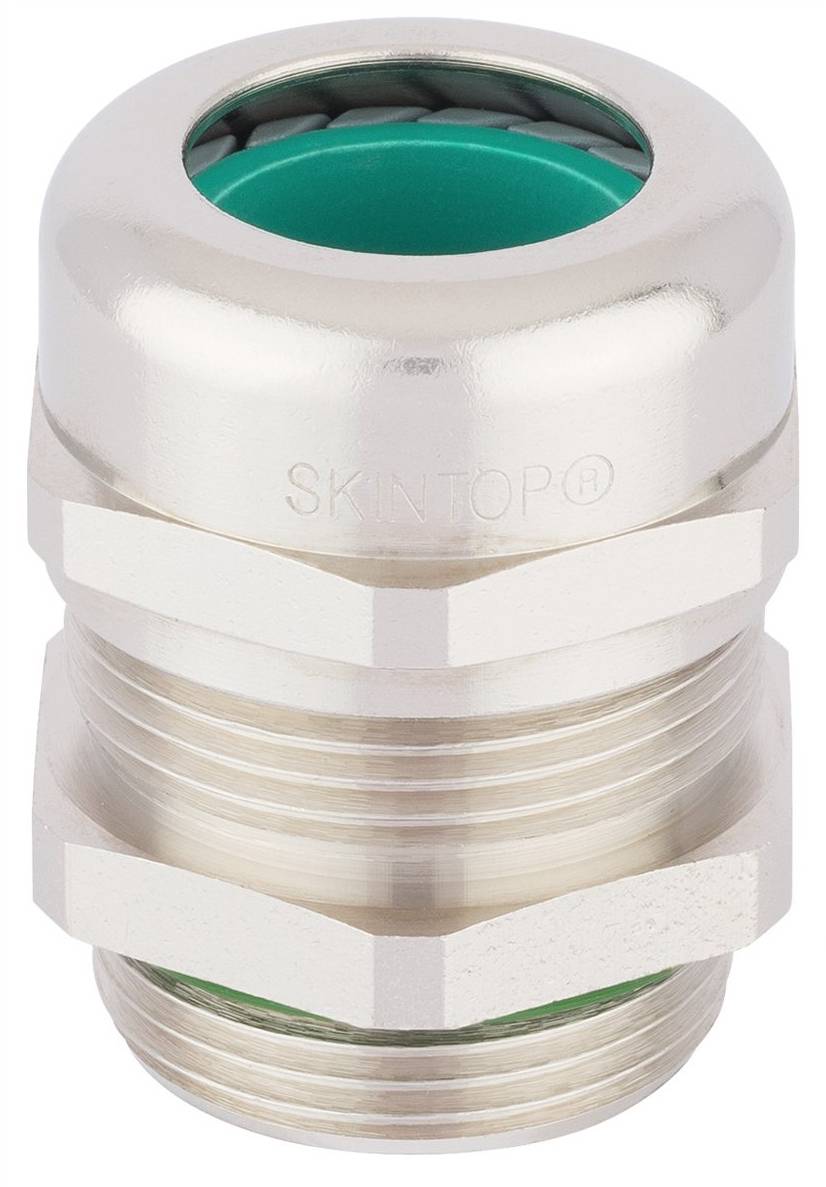 A metallic cable gland with a hexagonal nut and a visible green interior sealing element, designed for secure cable management.
