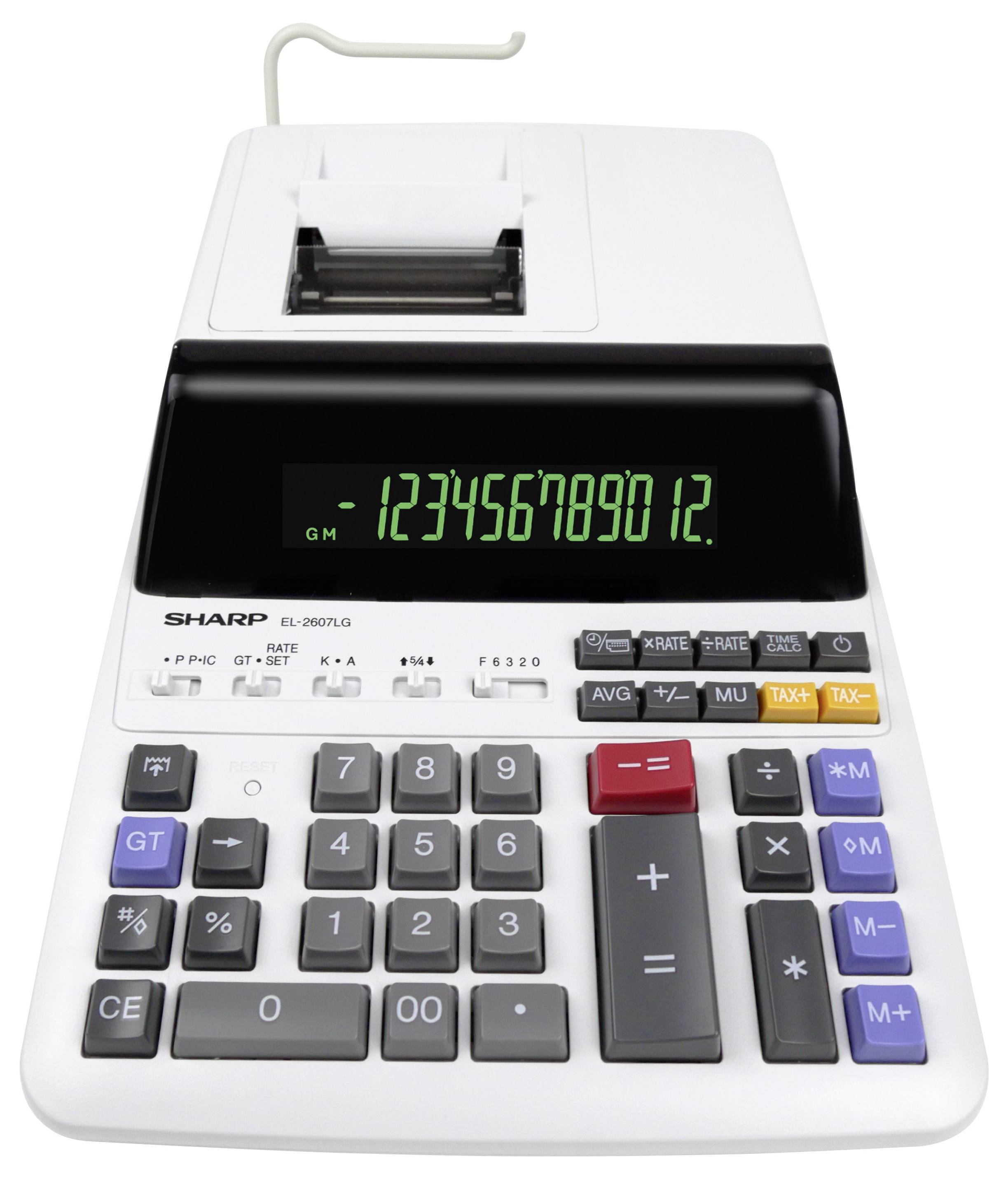 A white calculator with a digital display showing numbers. It has a paper roll and multiple buttons for functions, including tax and total.