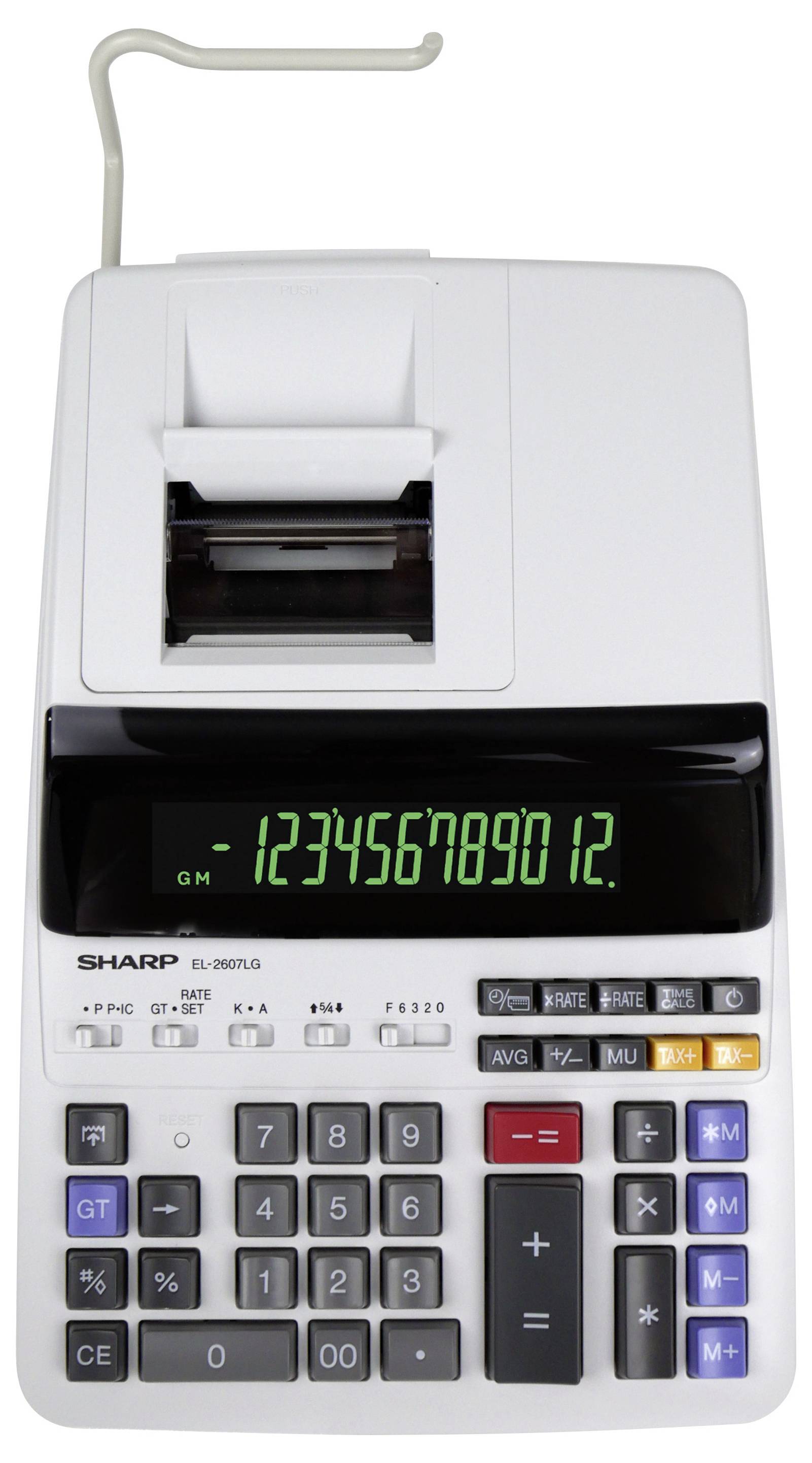 A white electronic calculator with a printout feature, displaying '123456789012' on its green digital screen, featuring large numeric buttons.