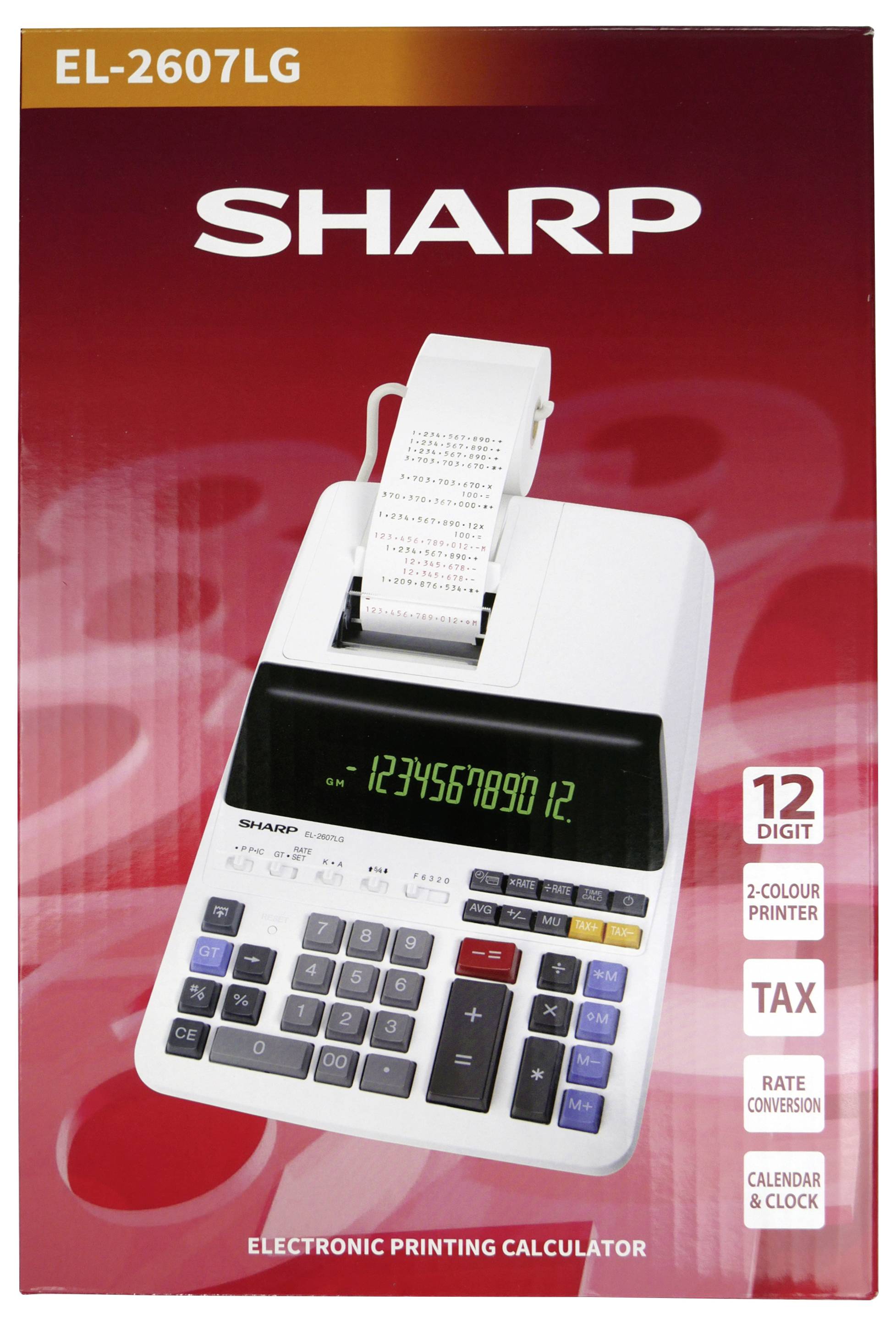 A white Sharp electronic printing calculator with a 12-digit display and two-color printer, featuring functions for tax, rate conversion, and calendar/clock.