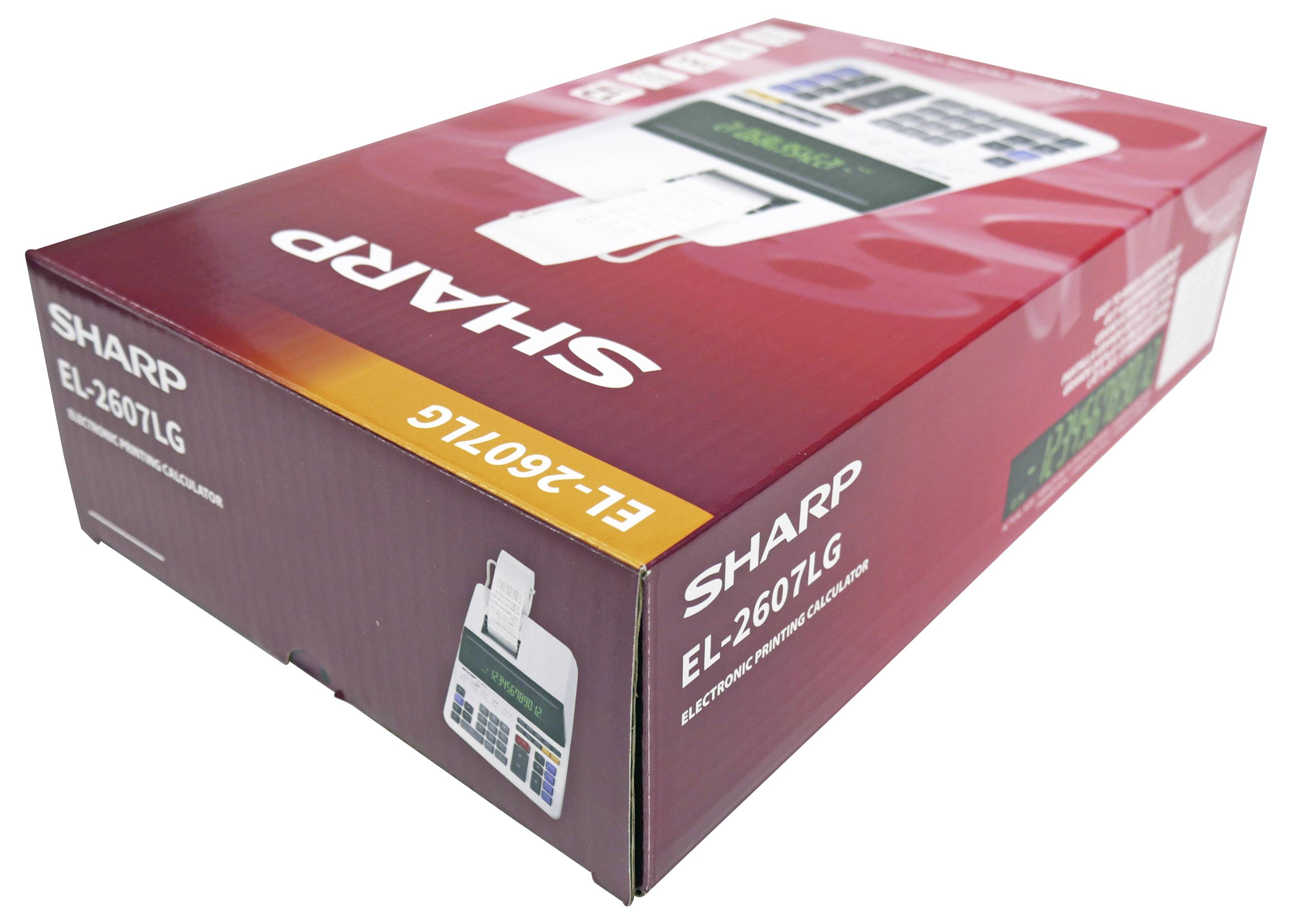 A red box for a SHARP electronic printing calculator model EL-2607LG, showing the product image and features on the packaging.