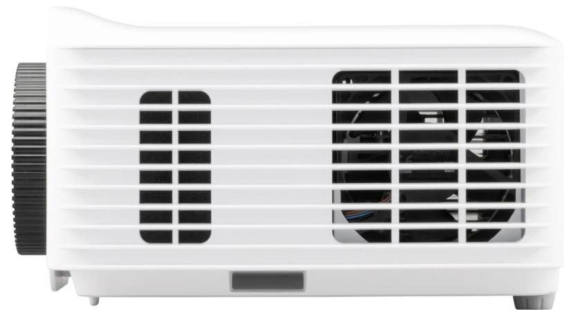 A white projector with a black lens and ventilation grille is shown from the side, highlighting the device's cooling system and design.