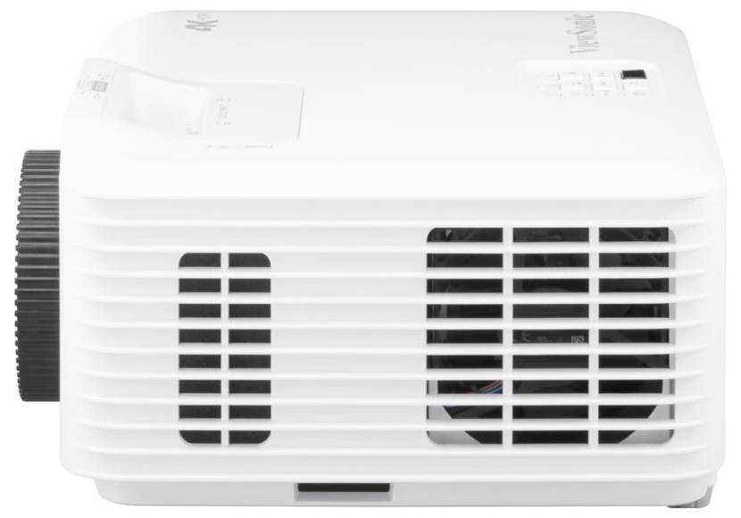 A white projector with a front cooling vent and a focus dial on the left side, designed for presentations and multimedia display in offices.