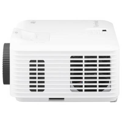 A white projector with a front cooling vent and a focus dial on the left side, designed for presentations and multimedia display in offices.