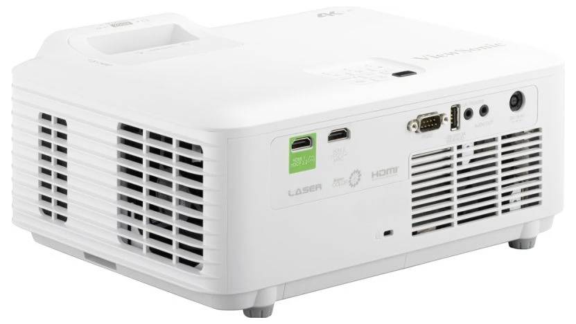 A white projector with multiple input ports including HDMI, USB, and VGA is shown from the side angle.