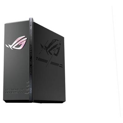 Gaming desktop PC with a sleek black case, featuring the 'Republic of Gamers' logo illuminated in pink, displaying a modern design.