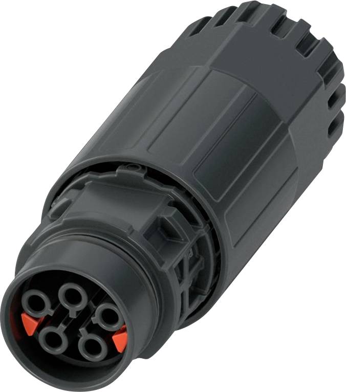 A black cylindrical electrical connector with six circular ports and orange indicators inside, used for complex wiring systems.