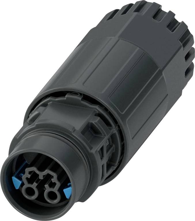 A close-up of a black cylindrical electrical connector with multiple pins in a circular arrangement, used for secure cable connections.