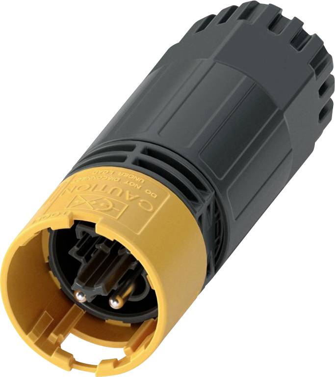A close-up of a yellow and black electrical connector, showing its prongs and housing designed for secure, reliable connections.