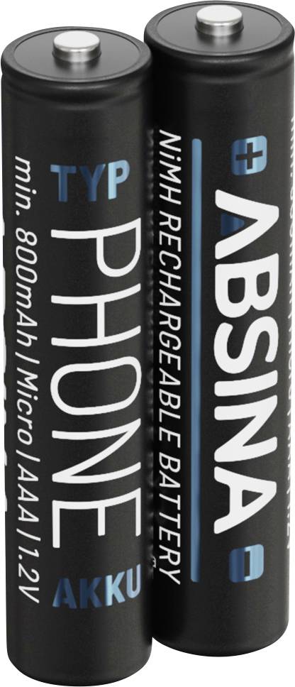 Two black AA-size batteries with 'ABSINA' and 'PHONE' text, indicating NiMH rechargeable type. Capacity: 800mAh, 1.2V.
