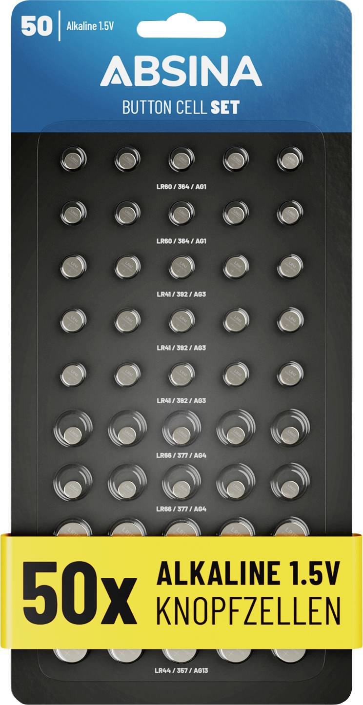 'ABSINA Button Cell Set' packaging with 50 alkaline 1.5V button batteries displayed in a grid. Contains model numbers as part of the design.