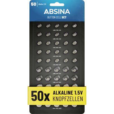 'ABSINA Button Cell Set' packaging with 50 alkaline 1.5V button batteries displayed in a grid. Contains model numbers as part of the design.