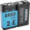 Two 9V batteries connected side by side; one battery shows 'AKKU 300 2xE', the other is branded 'ABSINA', with safety information.