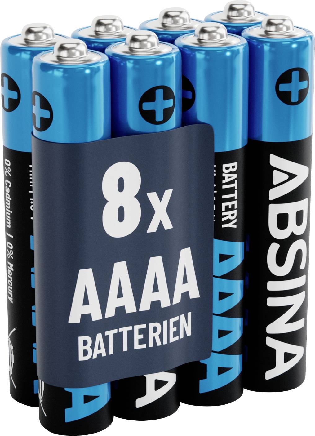 A pack of eight AAAA batteries in blue and black casing, with '8x AAAA Batterien' text visible on the packaging sleeve.