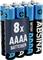 A pack of eight AAAA batteries in blue and black casing, with '8x AAAA Batterien' text visible on the packaging sleeve.