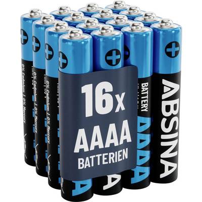 Pack of sixteen AAAA batteries, labeled 'ABSINA', arranged in a 4x4 formation with blue and black design.