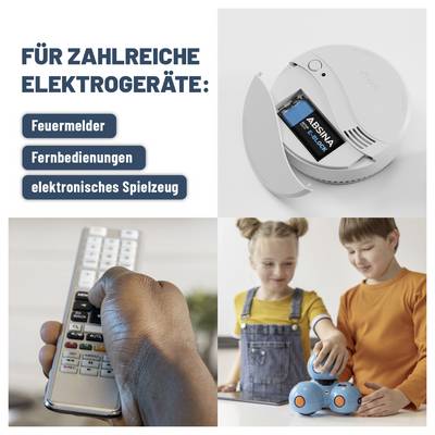 'Image showcasing battery use in various electronics. Smoke detector with battery slot open, a hand holding a remote, and kids playing with a toy.'