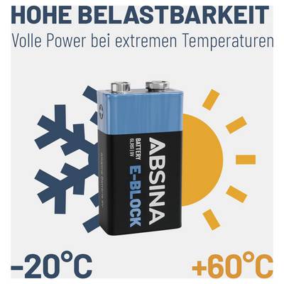Battery with 'ABSINA E-BLOCK' text, rated for extreme temperatures from -20°C to +60°C. Blue and black design with durability emphasis.