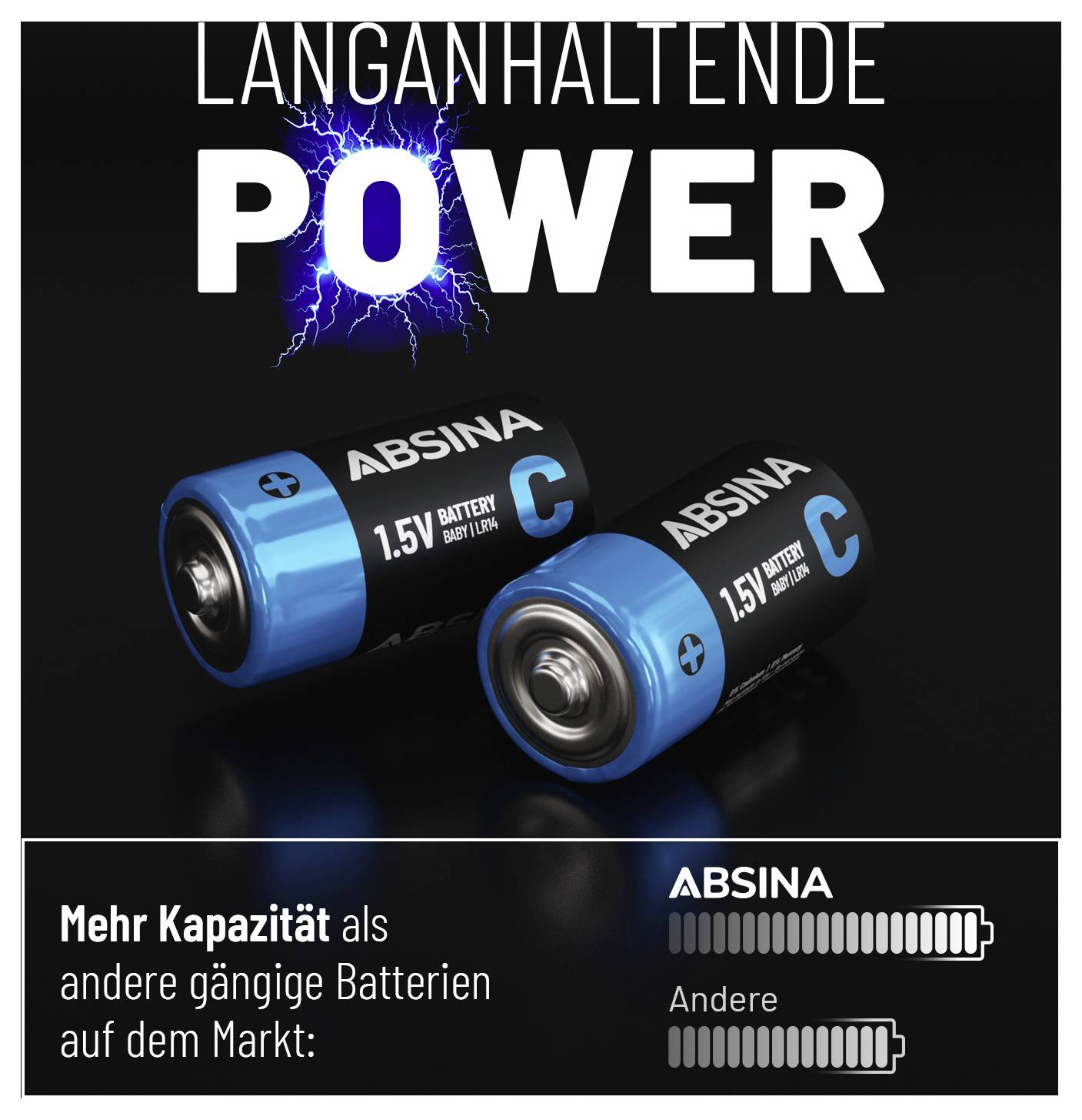 'Two black and blue batteries labeled Absina C, emphasizing long-lasting power with a graphic comparing higher capacity than competitors.'
