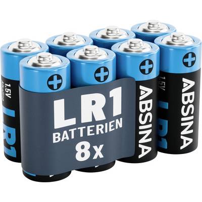 A pack of eight LR1 batteries with blue and black casing labeled 'ABSINA' and '1.5V'.