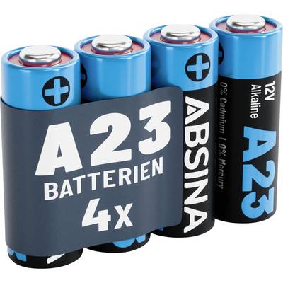 'Four-pack of A23 alkaline batteries in a blue and black wrap, labeled as 0% Cadmium, 0% Mercury.'