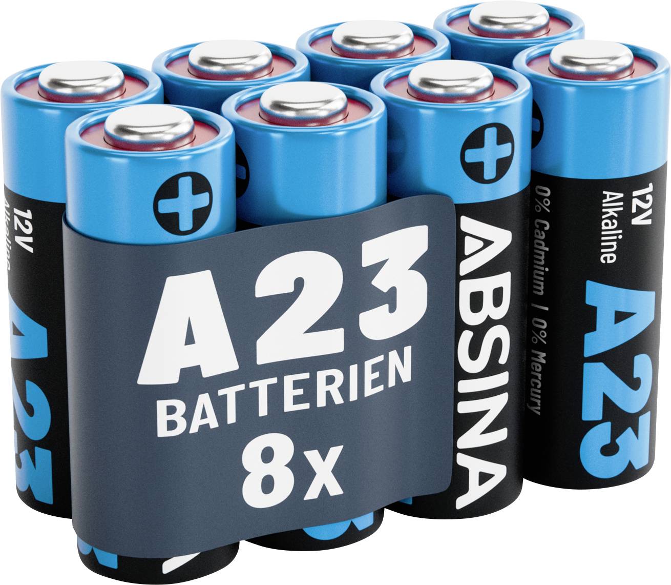 Eight A23 alkaline batteries wrapped together, labeled 'A23 Batterien 8x', each showing a positive terminal and blue and black casing.