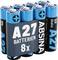 A pack of eight A27 alkaline batteries with blue and black labels, indicating '0% Cadmium' and '0% Mercury'.
