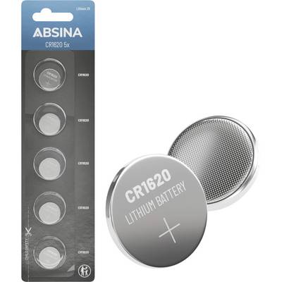 'ABSINA CR1620 3V Lithium battery' pack next to a close-up of the battery showing 'CR1620 LITHIUM BATTERY +' text on it.